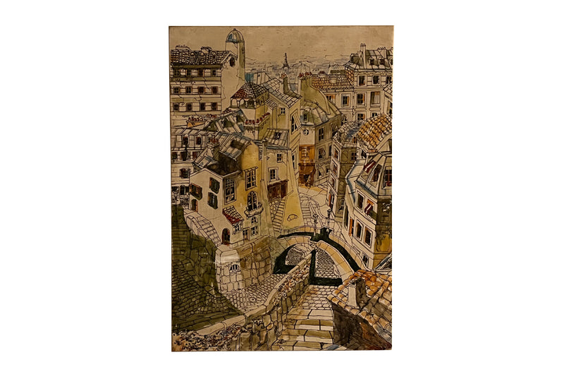 Mid-Century French paint and ink on canvas painting of Montparnasse and the view across to the Eiffel Tower, Paris.