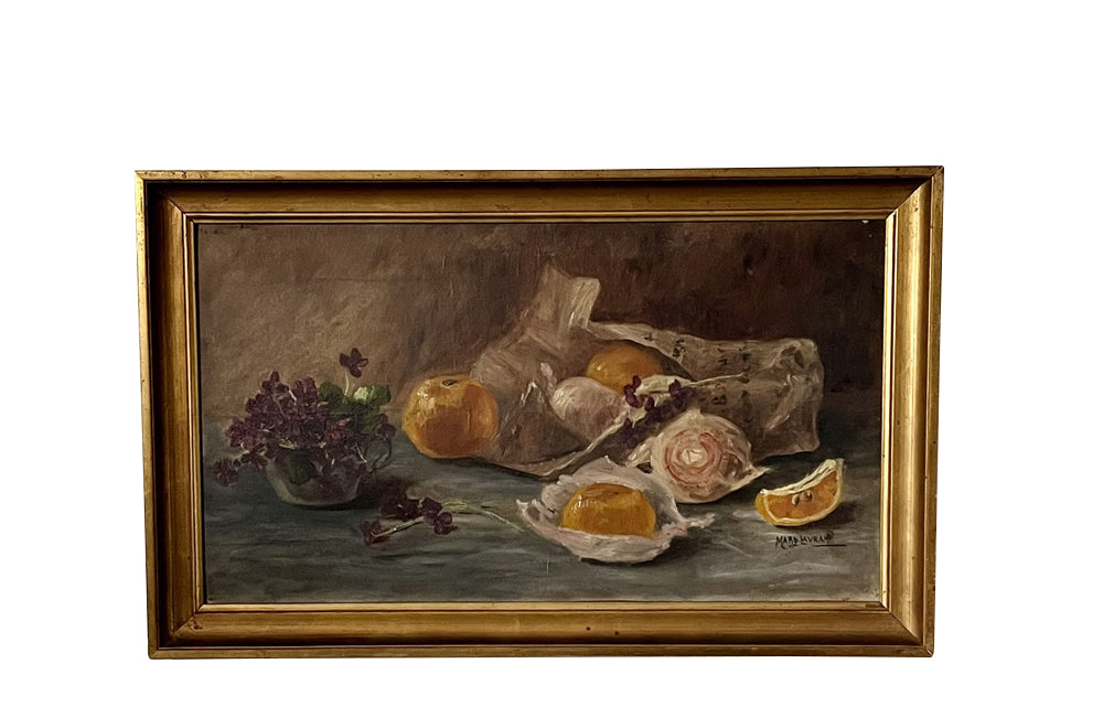 20th Century French Framed Still Life Painting 'Violets and Clementines'