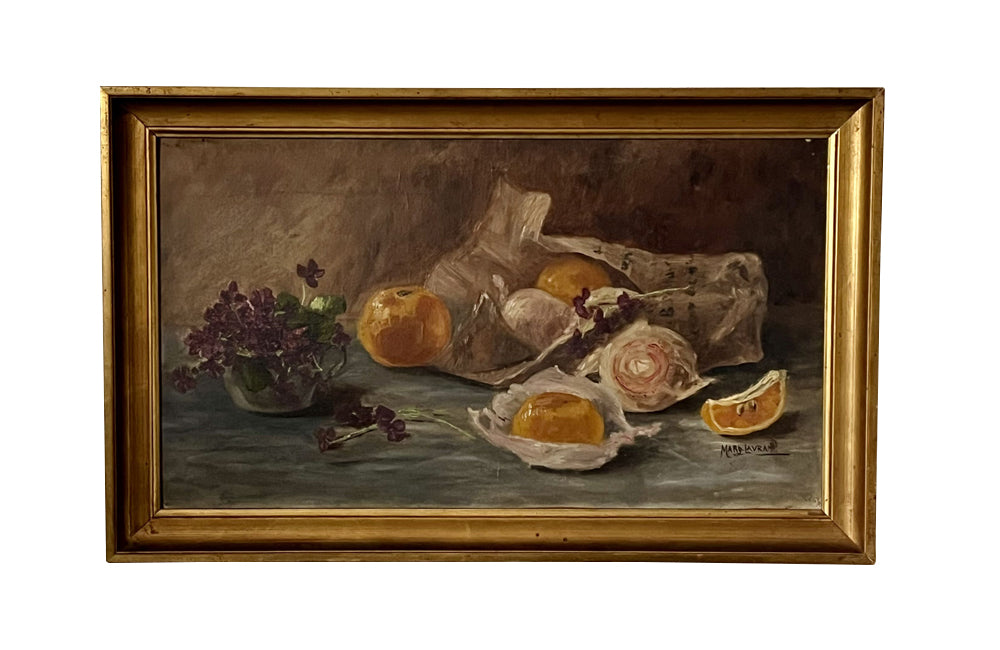 20th Century French Framed Still Life Painting 'Violets and Clementines'
