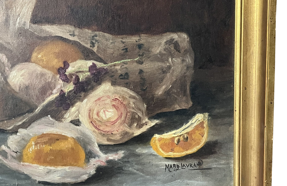 20th Century French Framed Still Life Painting 'Violets and Clementines'