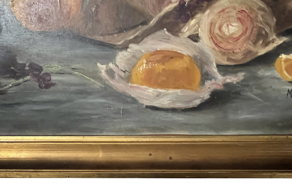 20th Century French Framed Still Life Painting 'Violets and Clementines'