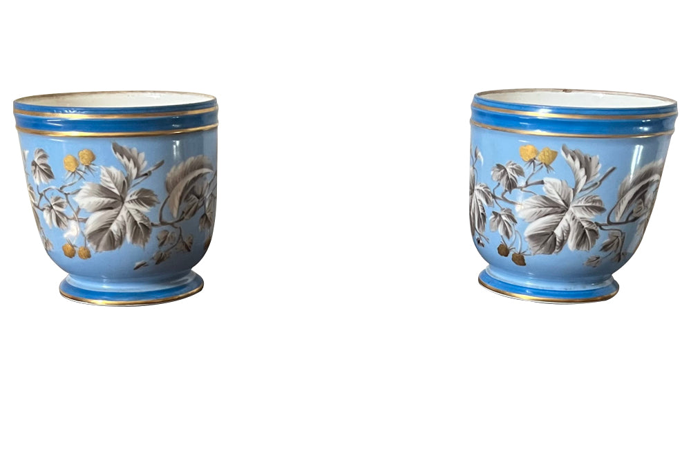 19th century pair of French, Napoleon III porcelain blue cache pots