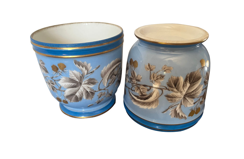 19th century pair of French, Napoleon III porcelain blue cache pots