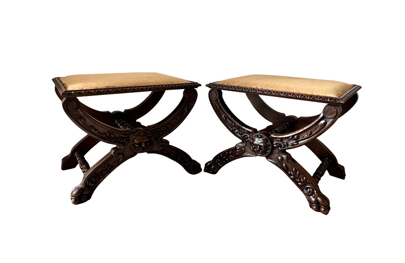 Antique stools Italian ornately carved with lion paw feet - 