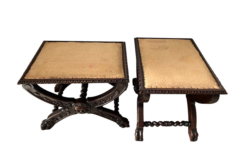 Antique stools Italian ornately carved with lion paw feet - 