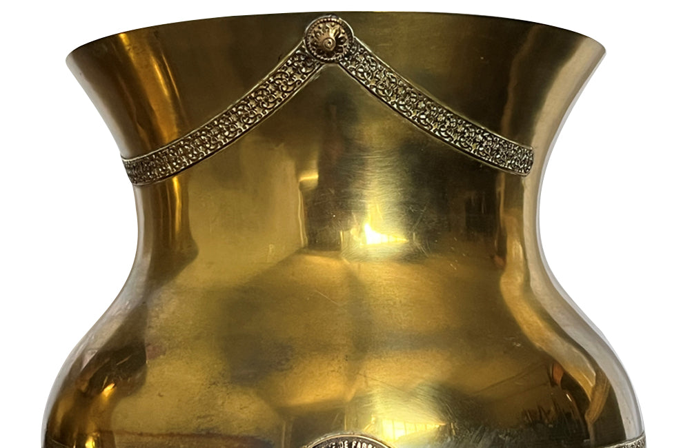 Rare, pair of brass champagne buckets bearing the maker plaques 'Marque Fabrique Deposee Bleriot, Paris' and decorative banding circa 1900