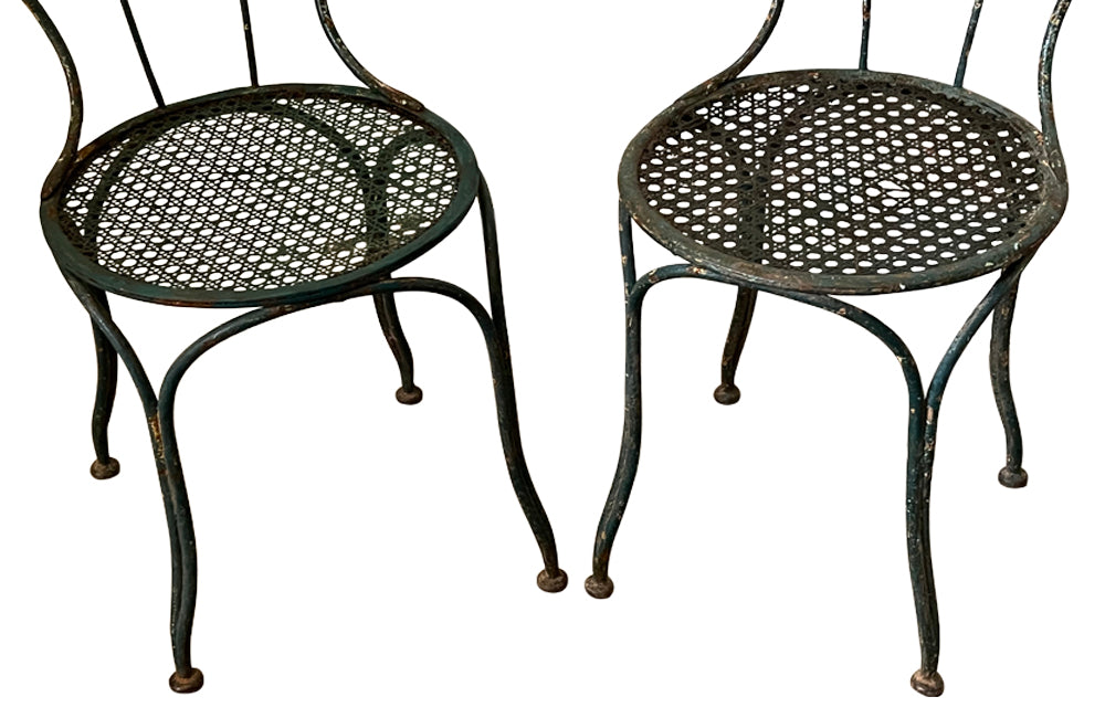 Pair of pretty French iron painted 19th century garden chairs with woven mesh seats - French Garden Antiques - French Antique Chairs - AD & PS Antiques 