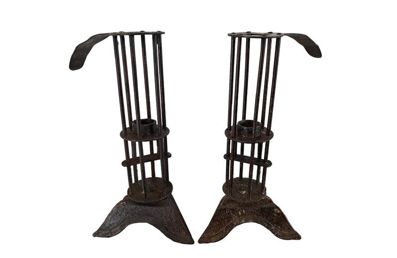 Pair of iron 'rat de cave' cellar candlesticks. 