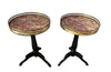 Pair of 19th century ebonised round cocktail tables with Pyrenean Brocatelle marble top and brass pierced galleries.