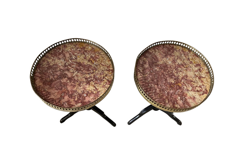 Pair of 19th century ebonised round cocktail tables with Pyrenean Brocatelle marble top and brass pierced galleries.