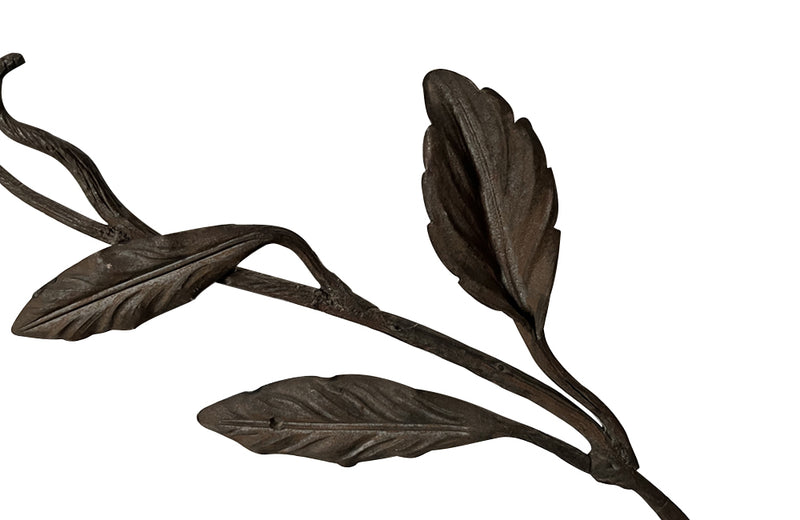 Beautiful pair of early 20th century French large hand wrought iron wall decorations with floral and foliate ornamentation, each in the form of a branching flowering plant.