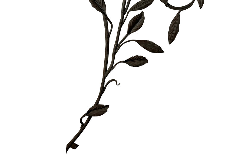 Beautiful pair of early 20th century French large hand wrought iron wall decorations with floral and foliate ornamentation, each in the form of a branching flowering plant.