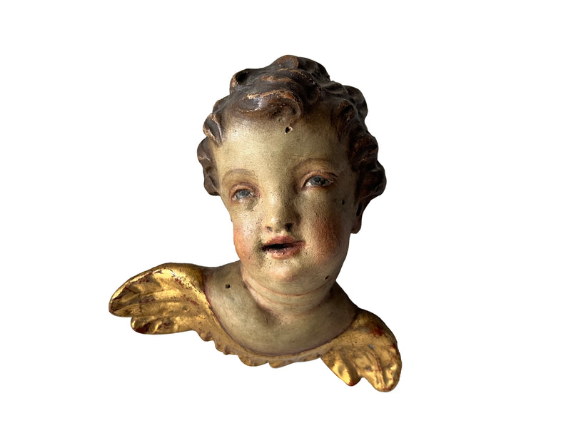 Pair of Italian Antique carved angel heads with wings.