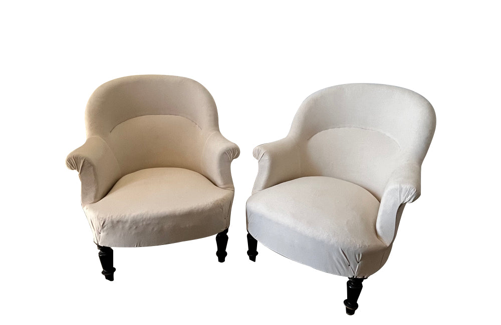 Pair of charming French, late 19th country house 'crappauds' tub armchairs with ebonised turned legs.