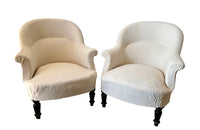 Pair of charming French, late 19th country house 'crappauds' tub armchairs with ebonised turned legs.