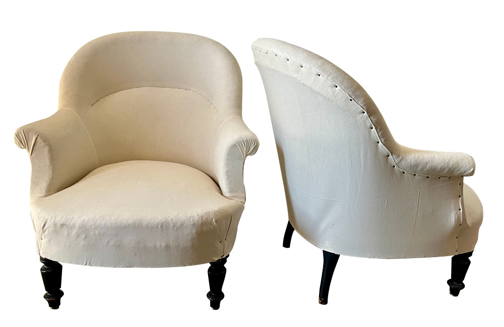 Pair of charming French, late 19th country house 'crappauds' tub armchairs with ebonised turned legs.