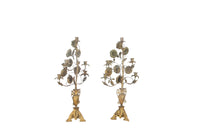 Late 19th century pair of very pretty gilt and pressed brass ecclesiastical candleabras with floral and foliate decoration.