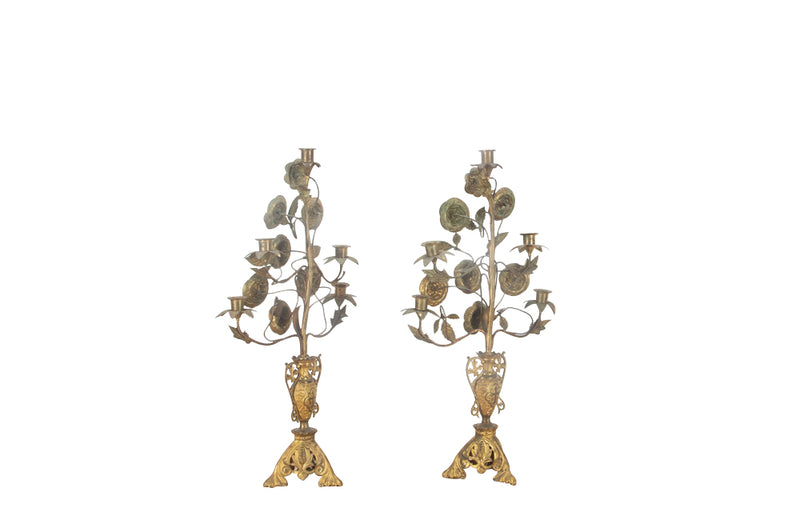 Late 19th century pair of very pretty gilt and pressed brass ecclesiastical candleabras with floral and foliate decoration.