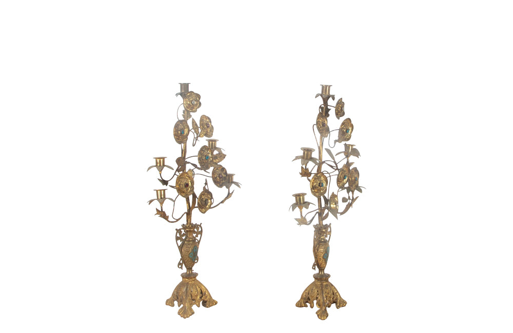 Late 19th century pair of very pretty gilt and pressed brass ecclesiastical candleabras with floral and foliate decoration.