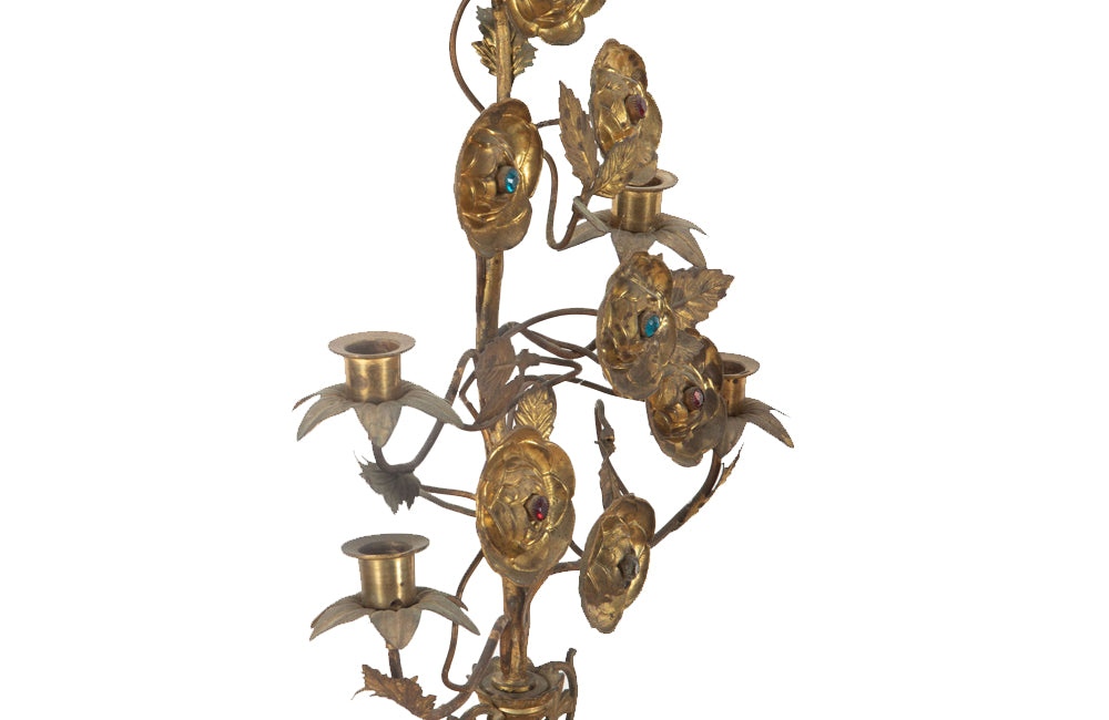 Late 19th century pair of very pretty gilt and pressed brass ecclesiastical candleabras with floral and foliate decoration.