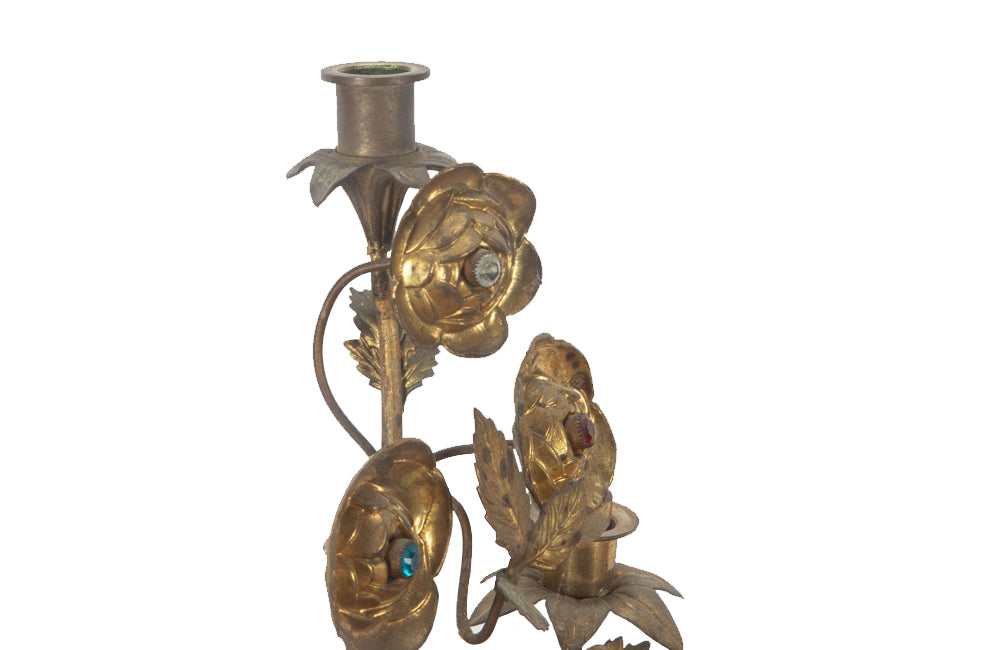 Late 19th century pair of very pretty gilt and pressed brass ecclesiastical candleabras with floral and foliate decoration.