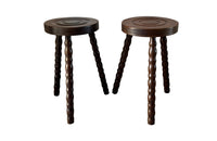 Pair of French vintage tripod stools with bobbin carved legs.