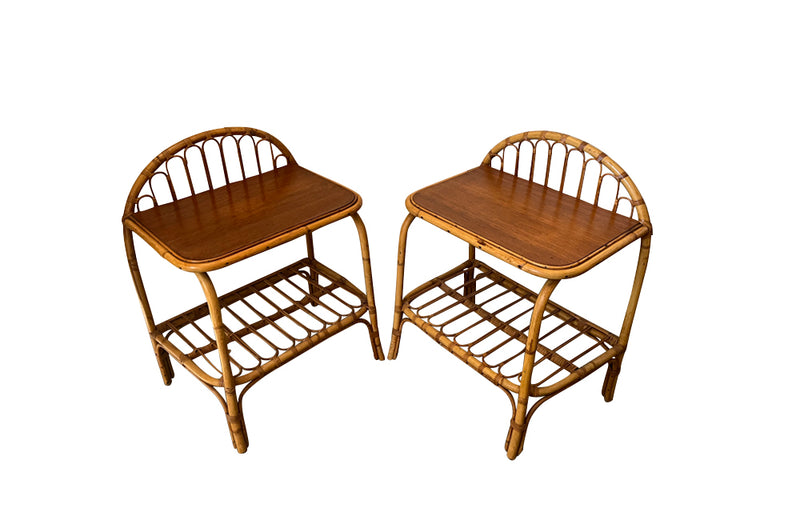 Pair of Mid-Century cane and rattan nightstands in the manner of Louis Sognot - French Mid Century Furniture - AD & PS Antiques