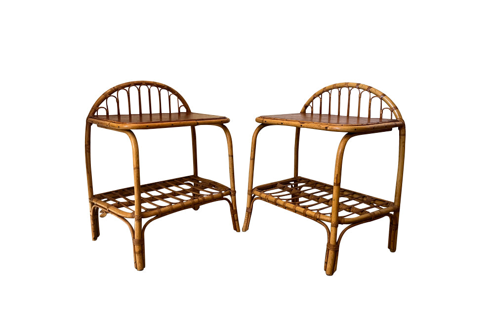 Pair of Mid-Century cane and rattan nightstands in the manner of Louis Sognot - French Mid Century Furniture - AD & PS Antiques