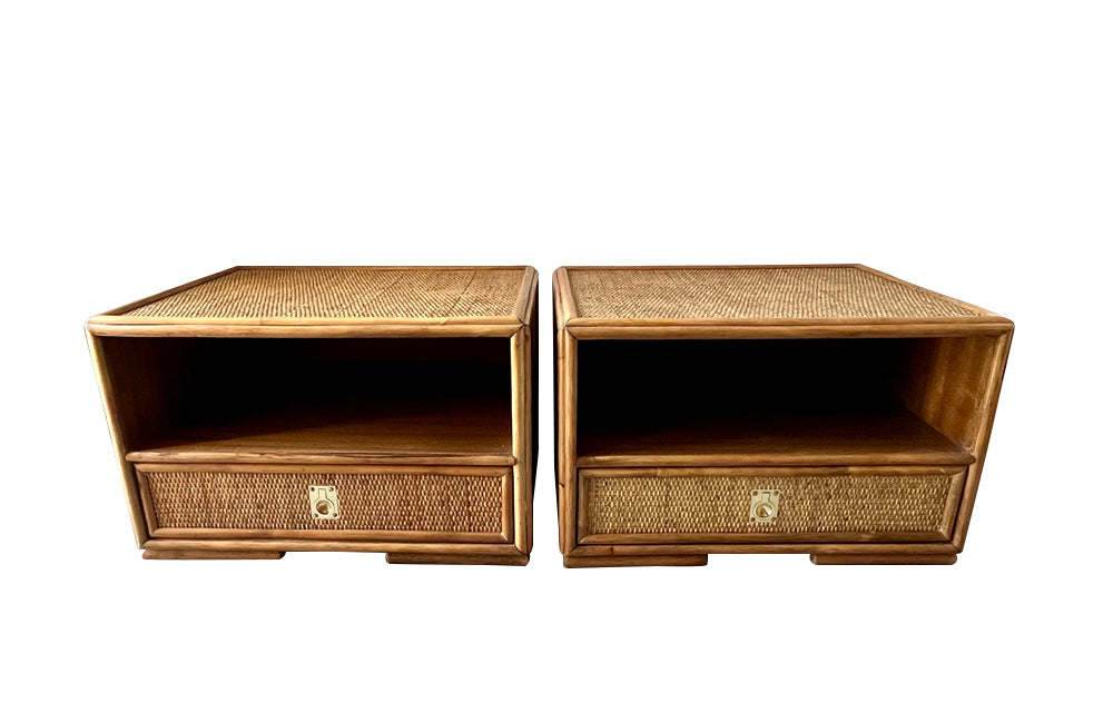 Pair of Mid-Century Dal Vera style bamboo and rattan nightstands , 1970s.