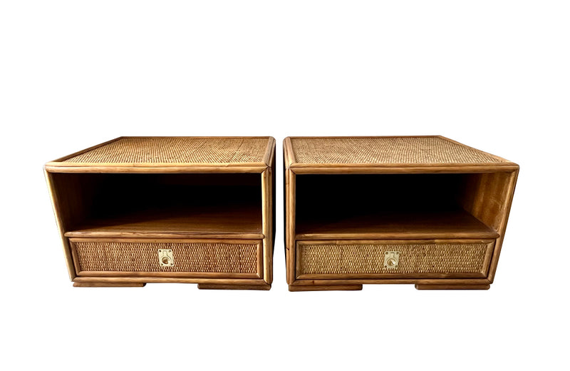 Pair of Mid-Century Dal Vera style bamboo and rattan nightstands , 1970s.