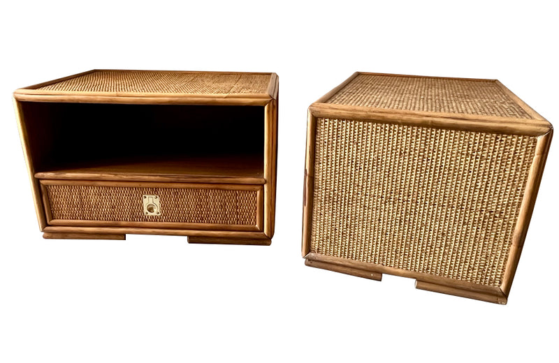 Pair of Mid-Century Dal Vera style bamboo and rattan nightstands , 1970s.