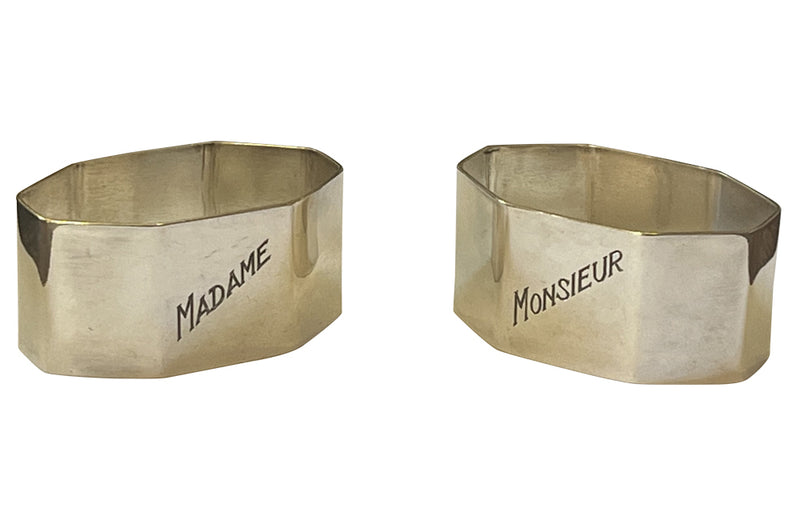Very stylish pair of octgonal silver plate napkin rings with engraved Madame &amp; Monsieur block letter lettering.