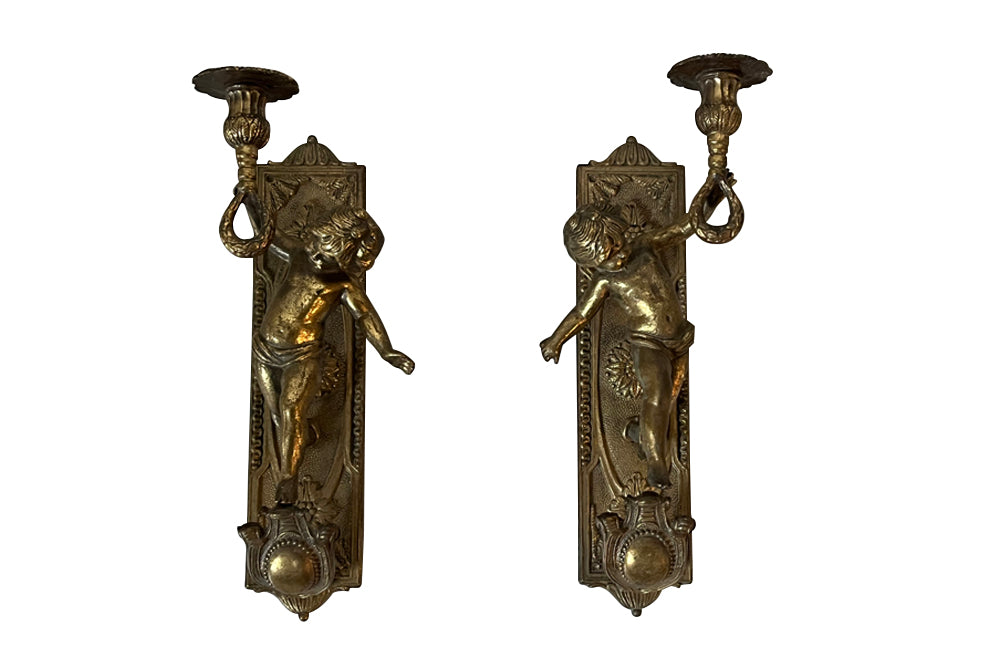pair of Italian bronze cherub wall lights - Antique Wall Lights 