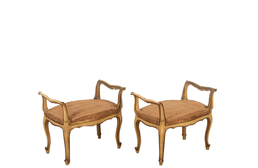 Pair of decorative Venetian Louis XV style painted stools or window seats with armrests.