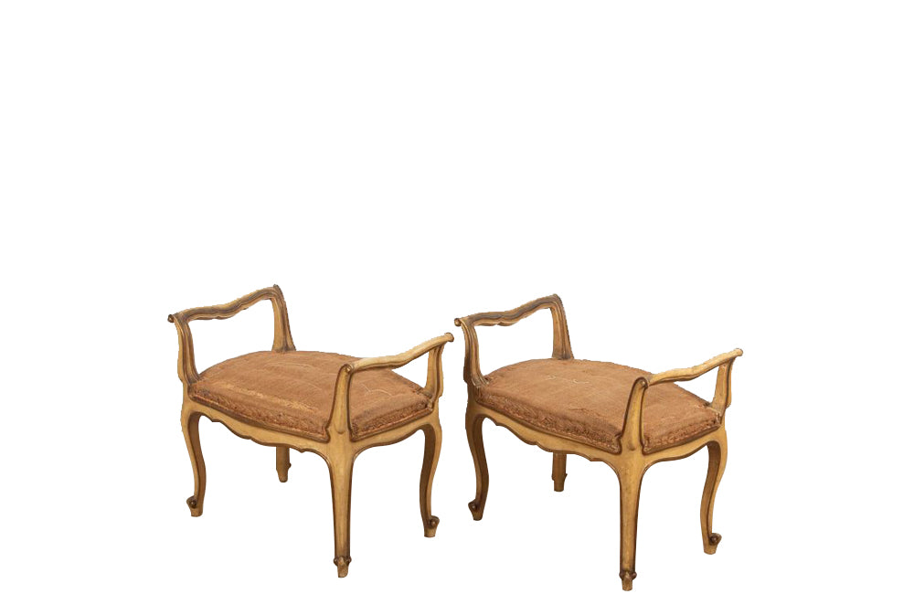 Pair of decorative Venetian Louis XV style painted stools or window seats with armrests.