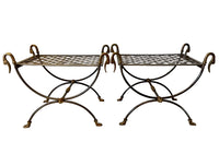 Pair of elegant steel and brass curule stools attributed to Maison Jansen 