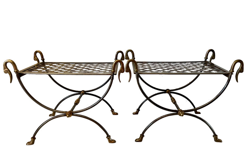 Pair of elegant steel and brass curule stools attributed to Maison Jansen 