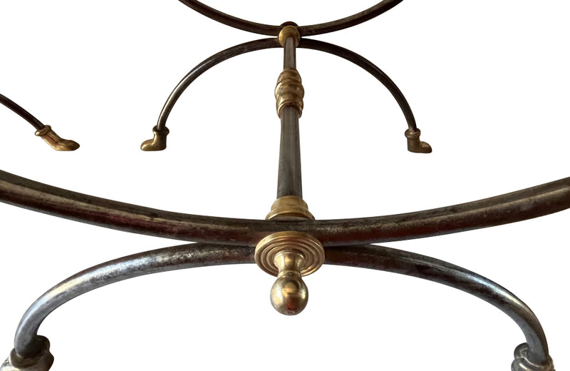 Pair of elegant steel and brass curule stools attributed to Maison Jansen 