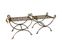 Pair of elegant steel and brass curule stools attributed to Maison Jansen .&nbsp;