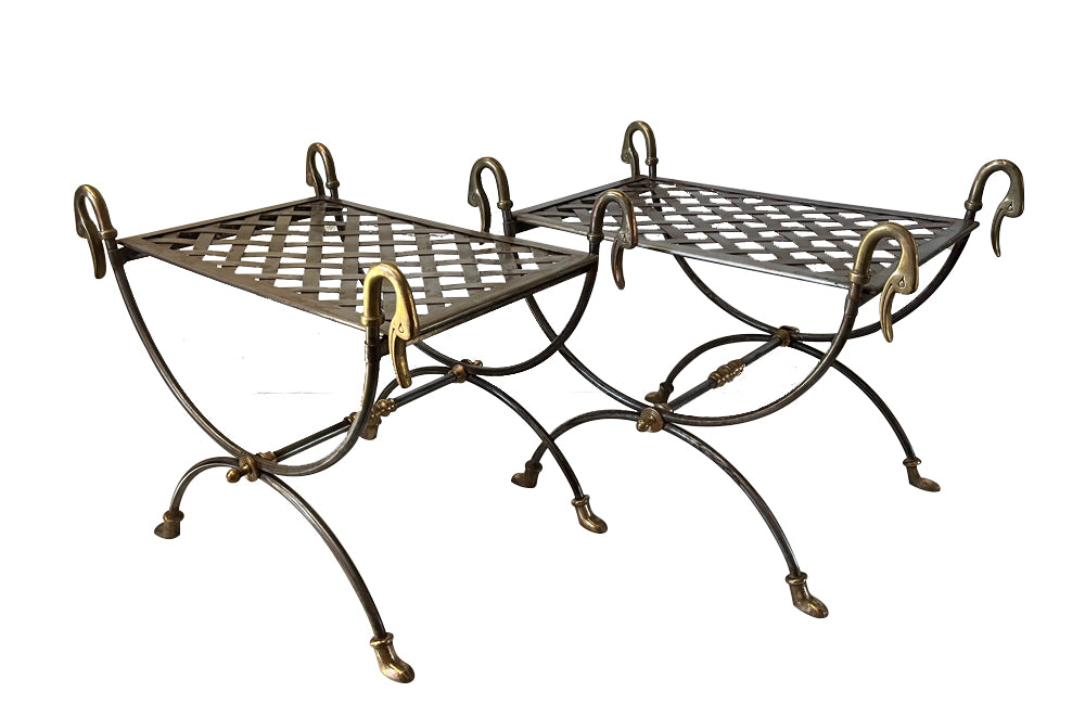 Pair of elegant steel and brass curule stools attributed to Maison Jansen 