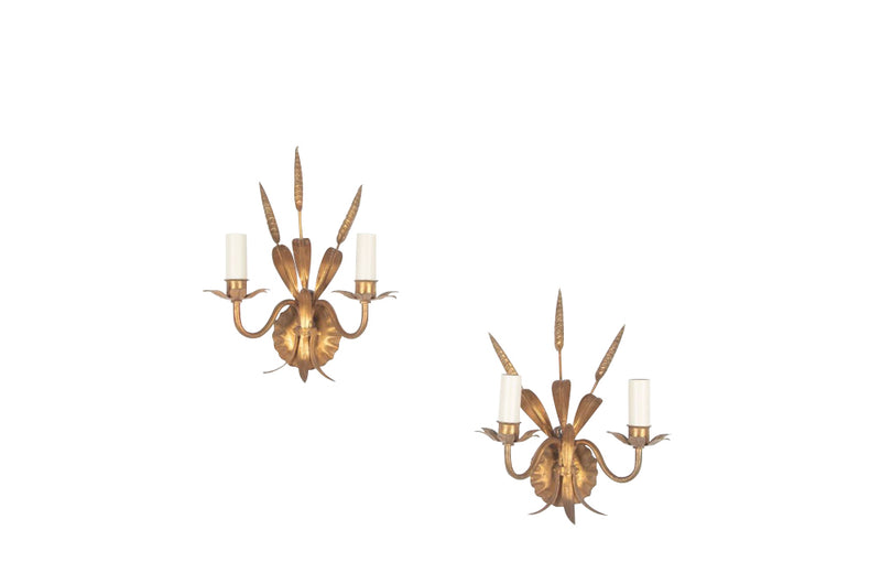 Pair of mid century French gilt metal wheat sheaf wall appliques.