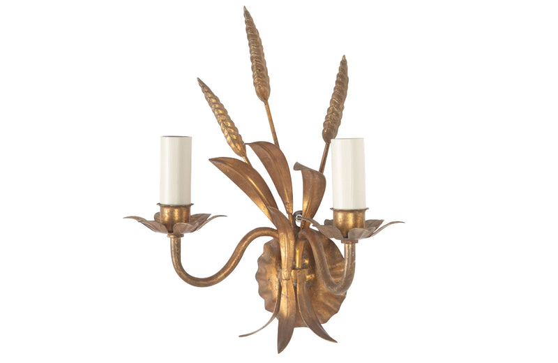 Pair of mid century French gilt metal wheat sheaf wall appliques.