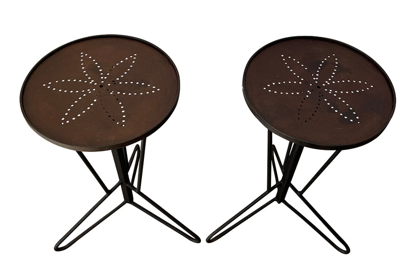 Pair of mid century iron round martini or occasional tables.