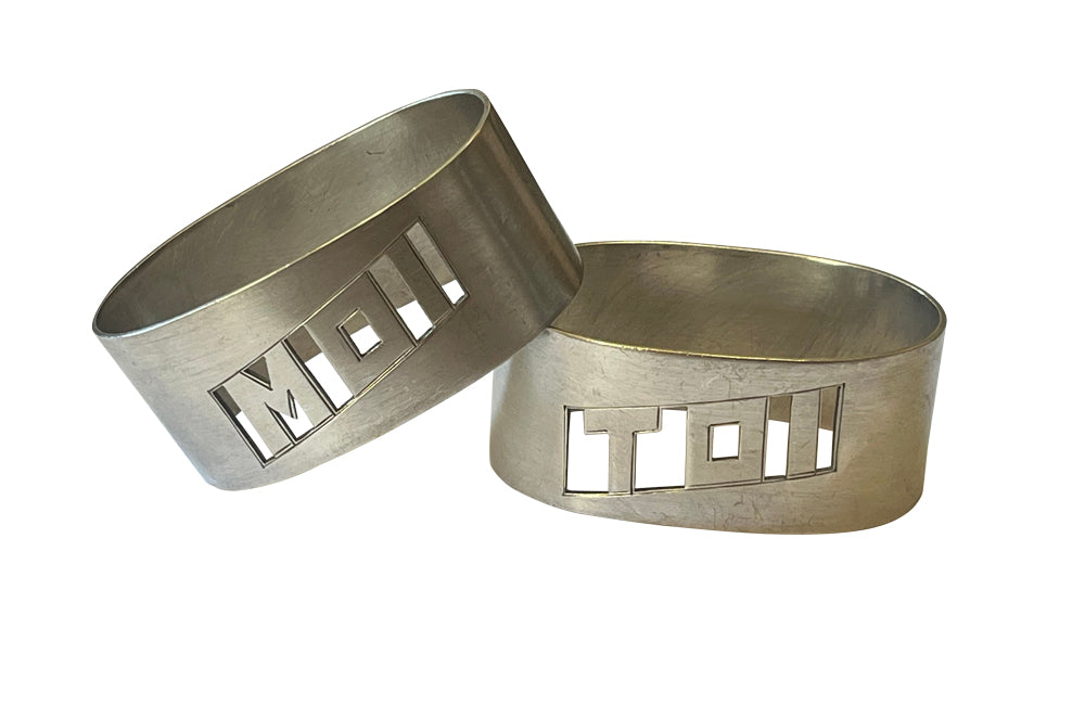 Pair of stylish, silver plate, Me and You, napkin holders from the Art Deco period. 