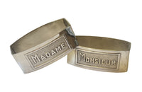 Art Deco napkin rings silver plate, Mr and Mrs - Madame & Monsieur - French Antiques