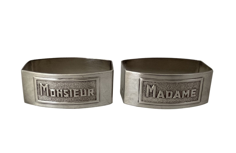 Pair of stylish, silver plate, Madame & Monsieur napkin holders from the Art Deco period. 