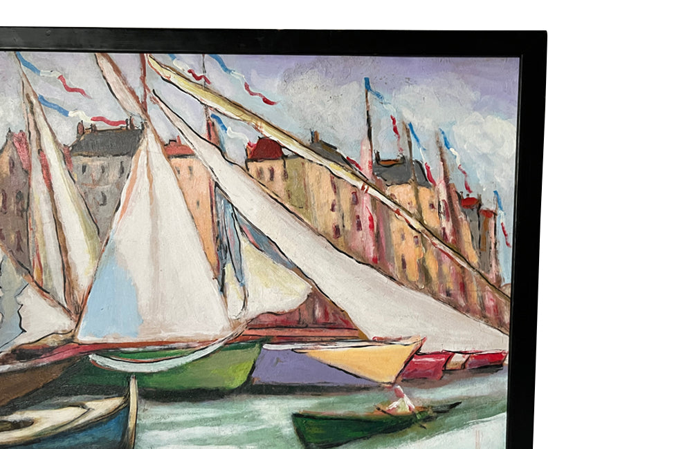 Pair of signed oil on board paintings of the Port of Deauville, in Normany, by Antoine G Bogey