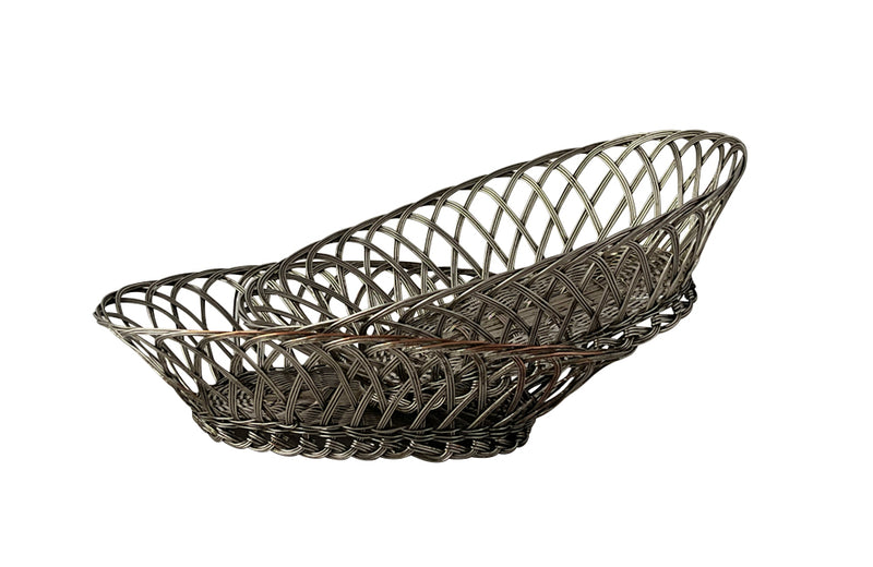 Pair French silver plate woven bread basket in oval form. 