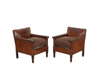 Charming, pair of 1920s French petite studded leather club chairs.