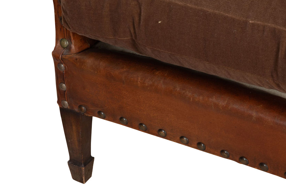 Charming, pair of 1920s French petite studded leather club chairs.